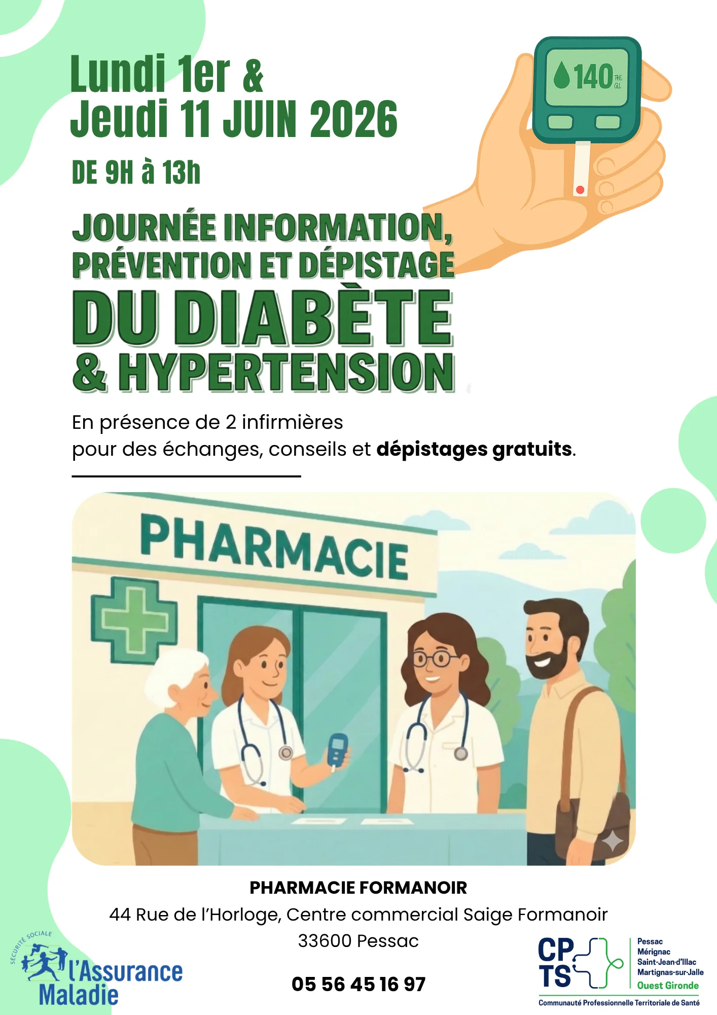 Dépistage diabète & hypertension — Pharmacie Formanoir, 1er et 11 juin 2026